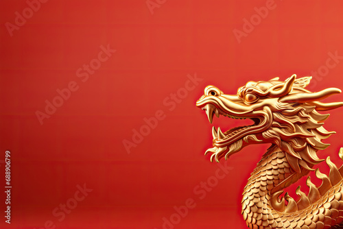 golden crystal dragon on red background, lunar new year 2024, with copy space area