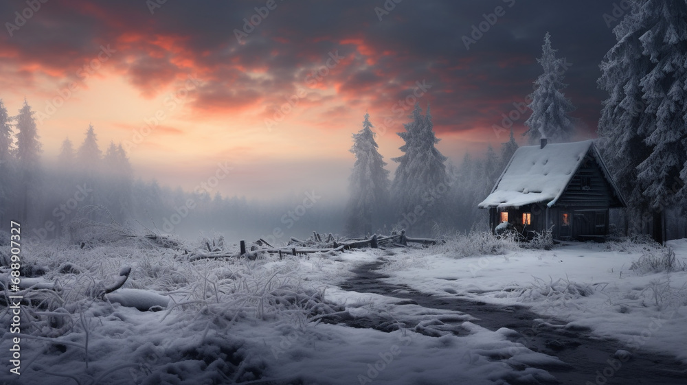 Cabin in snow forest