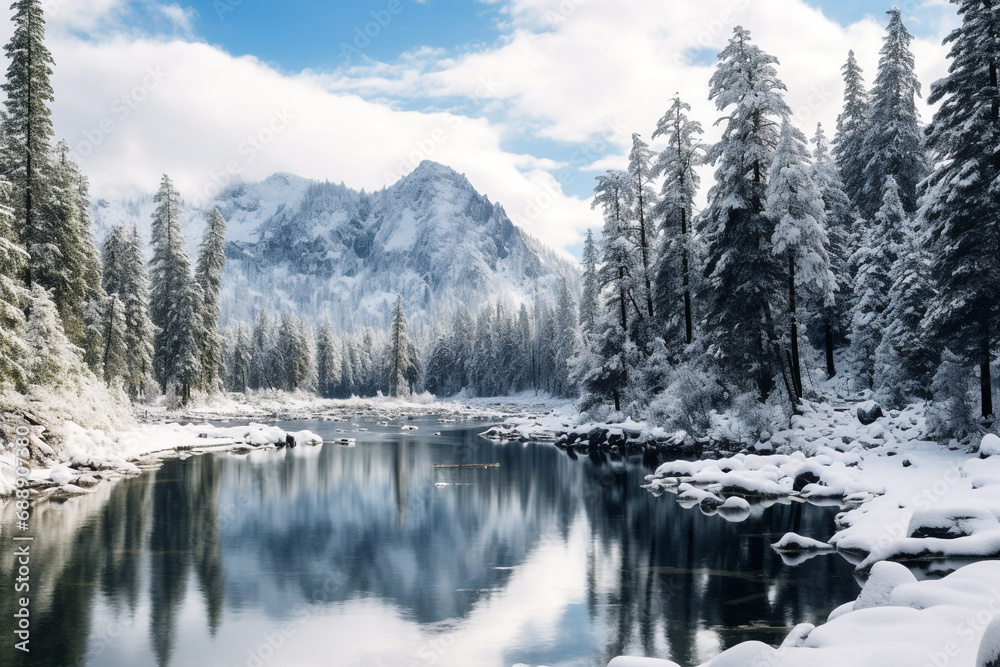 Lake with snow on tree branches in the winter season