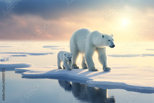 Mom and baby polar bear walking together