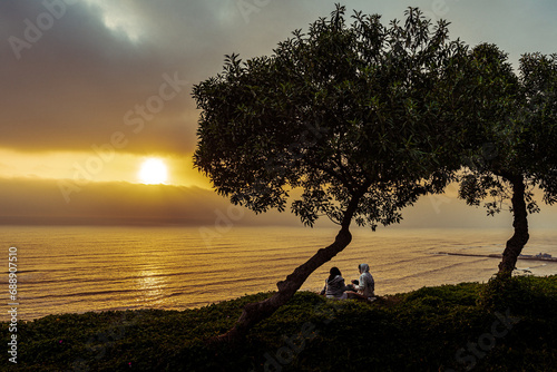 Under a majestic tree, two souls connect as they contemplate a beautiful sunset over the sea. Wrapped in warm hues, the sun bids farewell, leaving behind a promise of love and serenity.