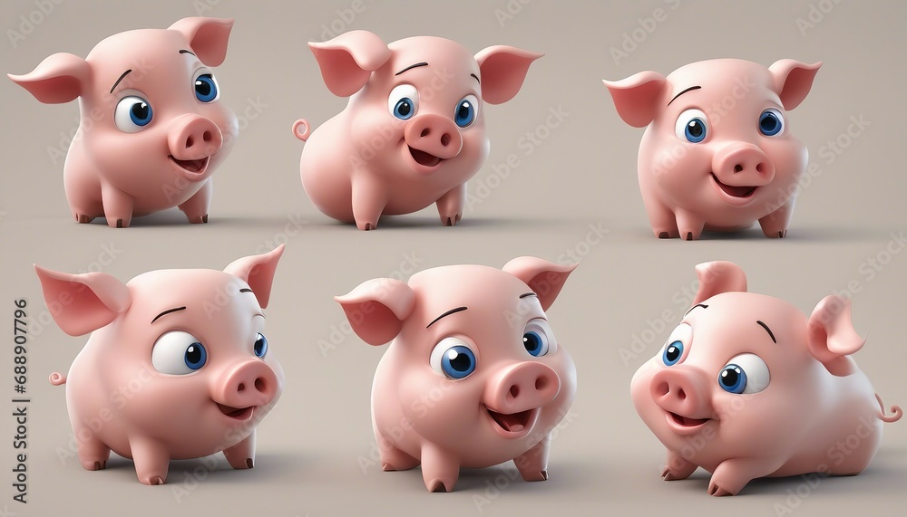 Set of cute pink piggy in different poses. 3d rendering Set of cute pink piggy in different poses. 3d rendering