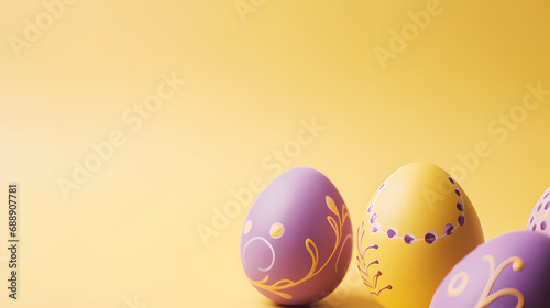 painted easter purple eggs with ornament and decor on pastel background. copy space