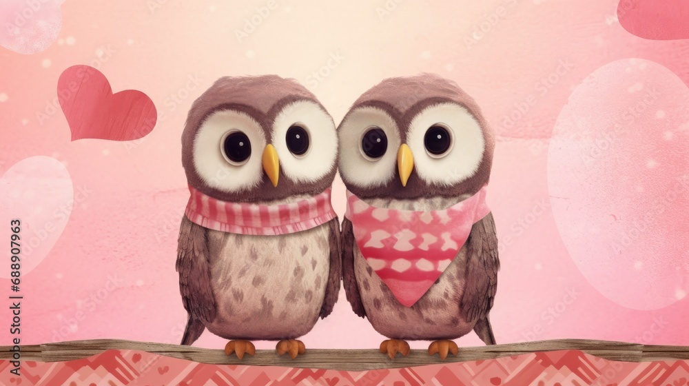Obraz premium owls in tiny scarves, sharing cotton candy, with a whimsical pink background setting 