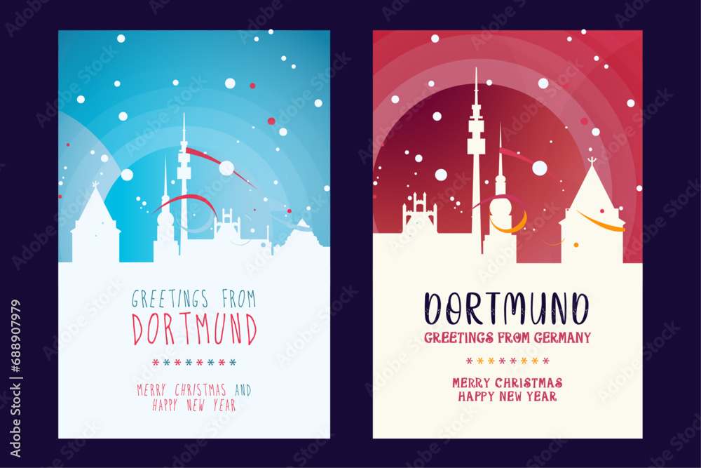 Dortmund city poster with Christmas skyline, cityscape, landmarks. Winter Germany megapolis town holiday, New Year vertical vector layout for brochure, website, flyer, leaflet, card