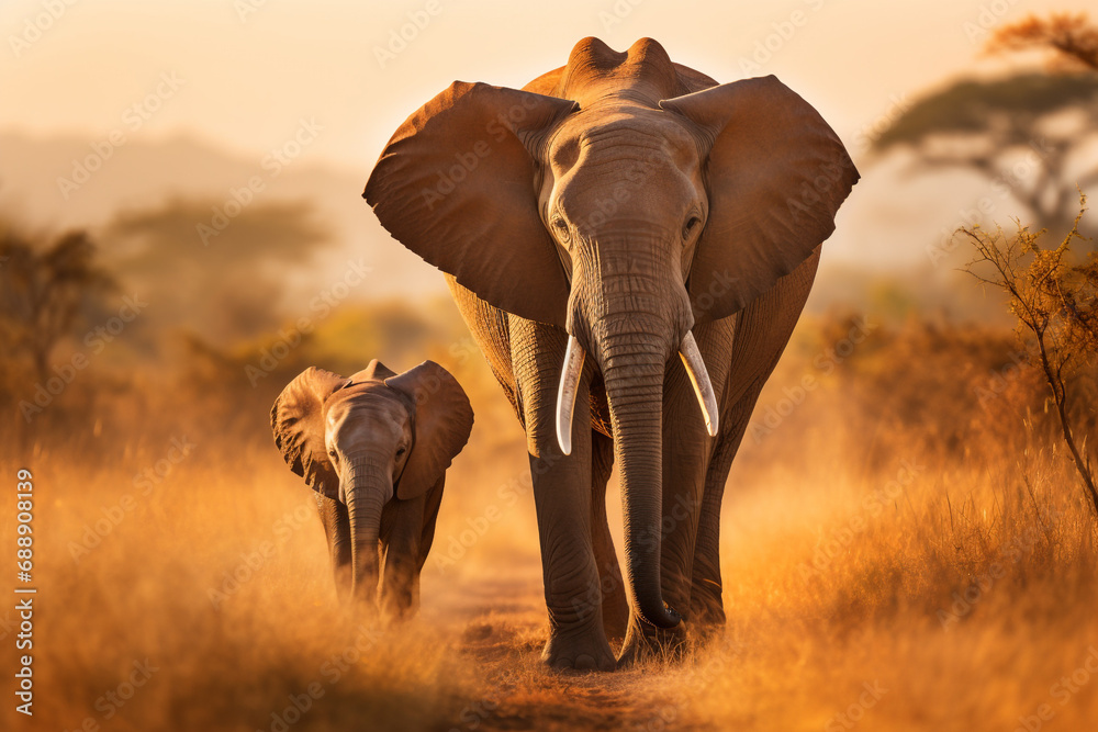 Obraz premium Mom and baby African elephant walking together