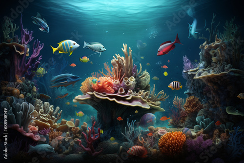 Colorful Fishes  corals  and nature lifes under blue sea