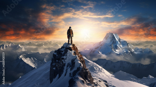 Tourist man standing on top of snow mountain with sun rising background. Adventure trekking peak of high rock.