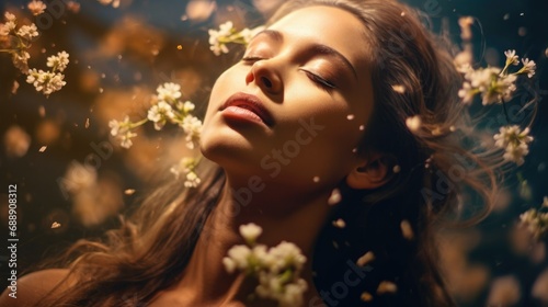 woman's face blending into a serene night sky, with a hint of spring blossoms, embodying the spirit of the spring equinox