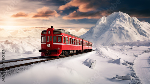 Holiday train traveling on snow mountain in winter season. Railway transportation for tourism vacation. photo