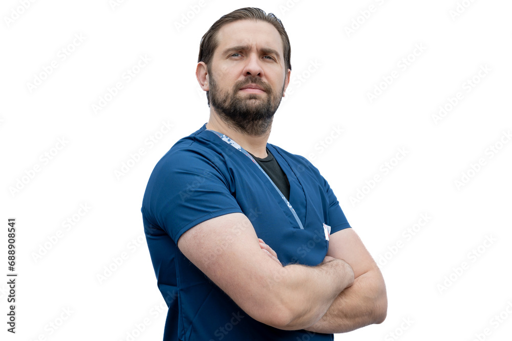 Doctor looking very seriously at the camera.