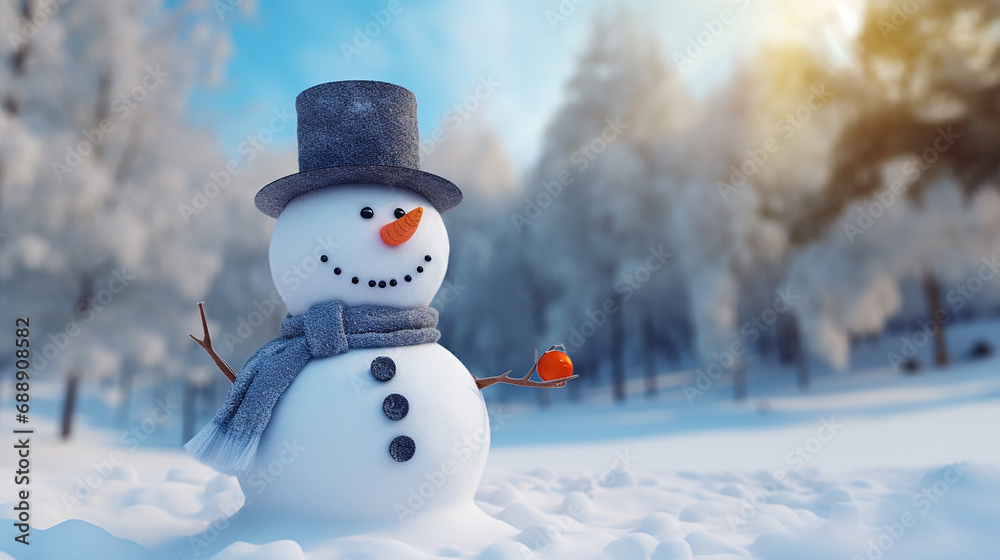 Obraz premium Cute Snowman with a Hat Standing in a Snowy Field on a Blurred Winter Background. Copy Space