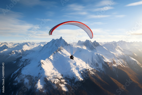Adventure paragliding flying over snow mountain. Extreme outdoor sport in the sky.