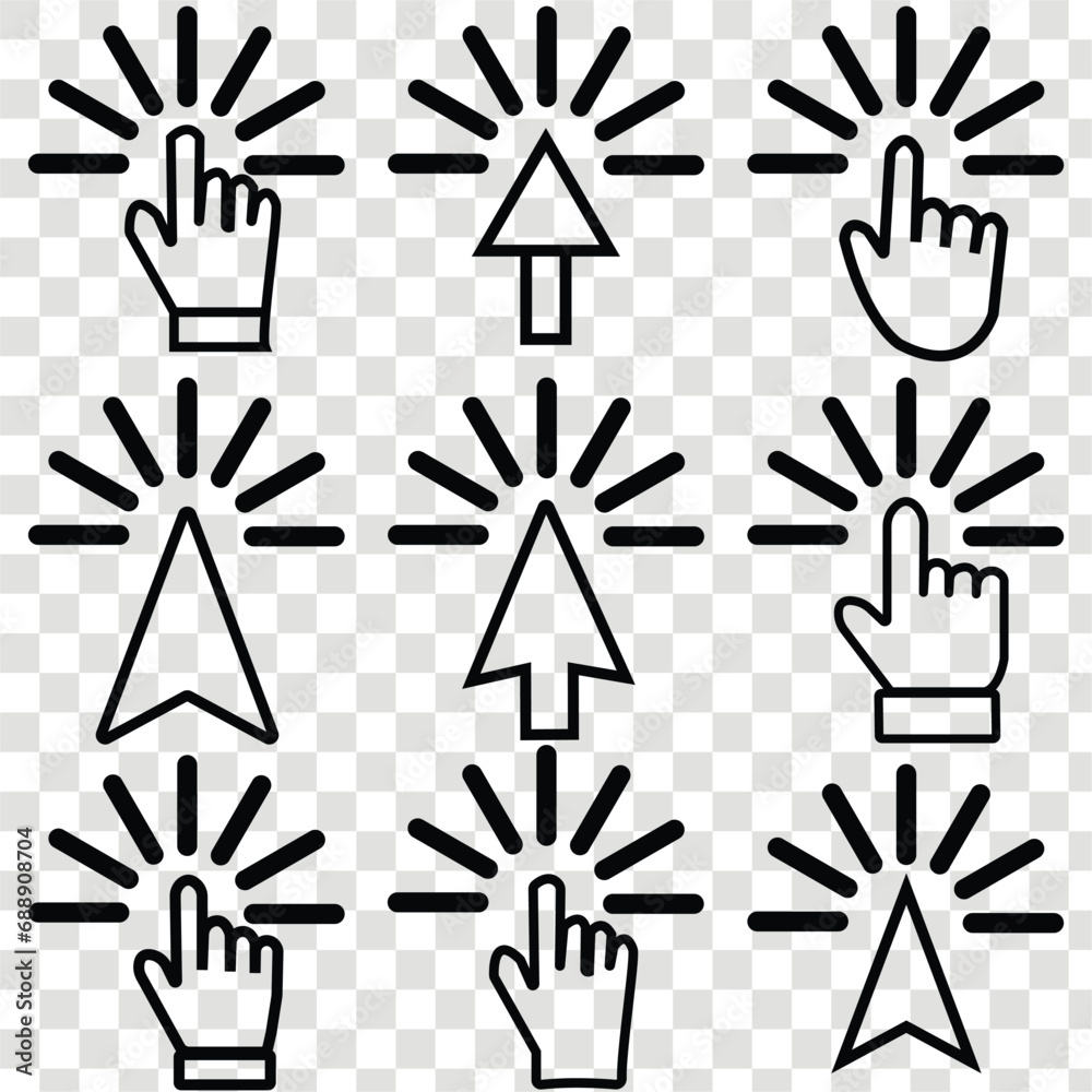 Fototapeta premium Pointer click icon set. Hand cursor click. Arrow pointer. Computer mouse cursor. Clicking finger pointing. Vector illustration.