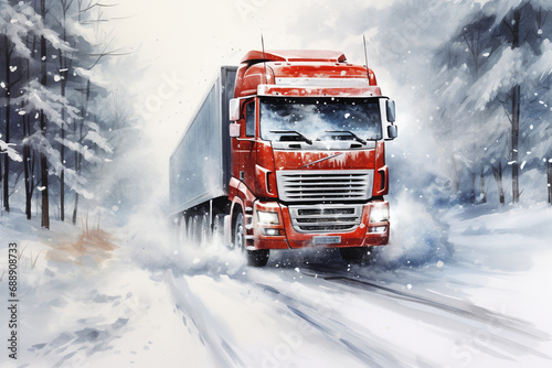 Cargo transportation truck driving on snow road in winter season. Logistic Trailer vehicle delivery products.