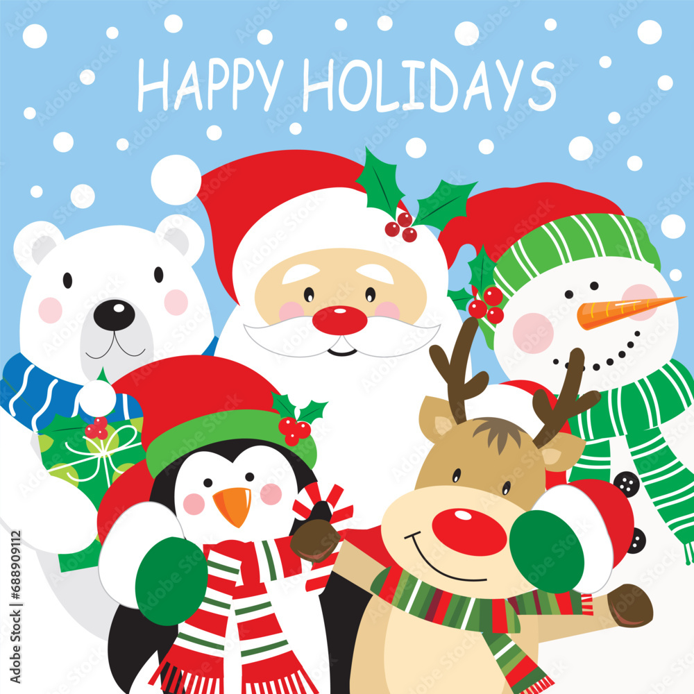christmas card with santa, reindeer, penguin, snowman and polar bear