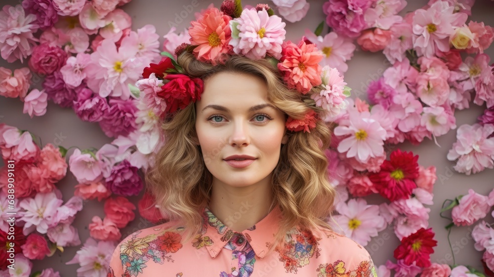 Portrait of a woman sporting a vibrant spring-themed headband with colorful flowers, against a backdrop of cherry blossoms Portrait of a woman sporting a vibrant spring-themed headband with colorful flowers, against a backdrop of cherry blossoms