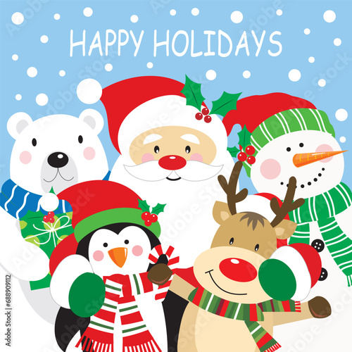 christmas card with santa  reindeer  penguin  snowman and polar bear