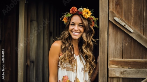  stylish woman donning a spring headband with elaborate floral designs, in front of a rustic barn door 
