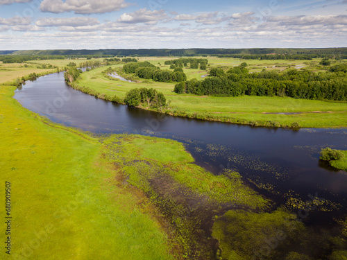 Panoramic view of gulf meadows in the floodplain of the Oka River, Russia