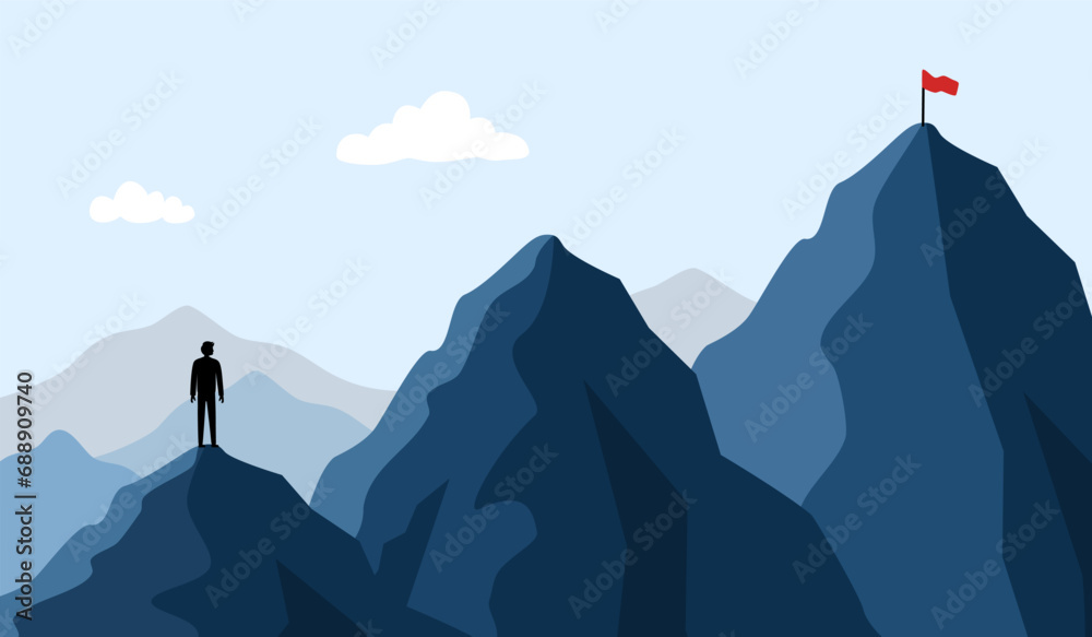 Man walking to the success flag on top of the mountain in flat design. Symbol of the startup, business finance, achievement and leadership concept vector illustration. - obrazy, fototapety, plakaty 