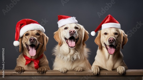 Five dogs celebrating Christmas holidays wearing red Santa Claus hat, reindeer antlers and red present ribbon.