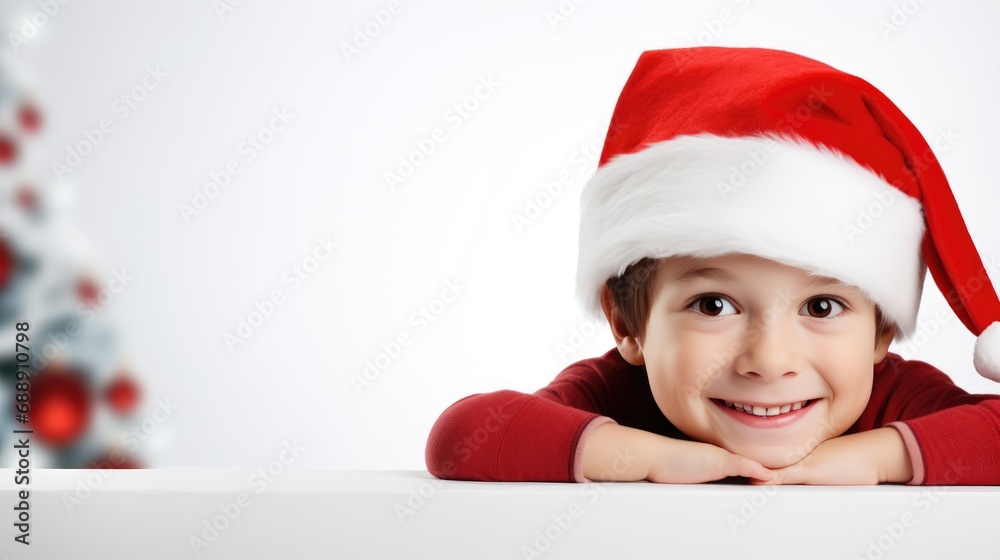 Surprised child in Santa hat hiding behind white advertisement board, Copy space for text or design, kid peeking out blank banner. Surprised child in Santa hat hiding behind white advertisement board, Copy space for text or design, kid peeking out blank banner.