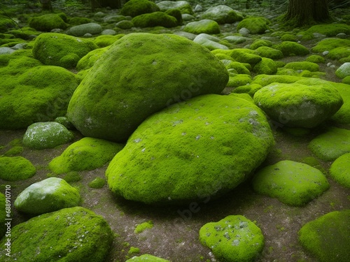 A stone covered with beautiful bright green moss in the forest.