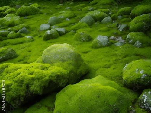 A stone covered with beautiful bright green moss in the forest.