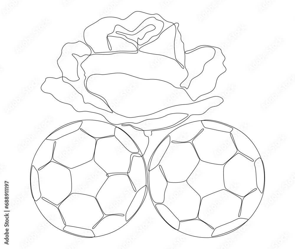 Obraz premium One continuous line of football ball with rose flowers. Thin Line Illustration sport vector concept. Contour Drawing Creative ideas.