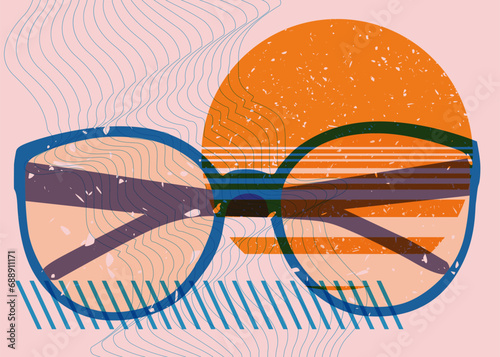 Risograph Eyeglasses and geometric shapes. Eyewear object in trendy riso graph design with geometry elements.