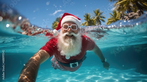 Fototapeta Naklejka Na Ścianę i Meble -  Santa Claus swim and relax in blue transparent pool water. Merry Christmas and Happy New Year travel destinations concept.