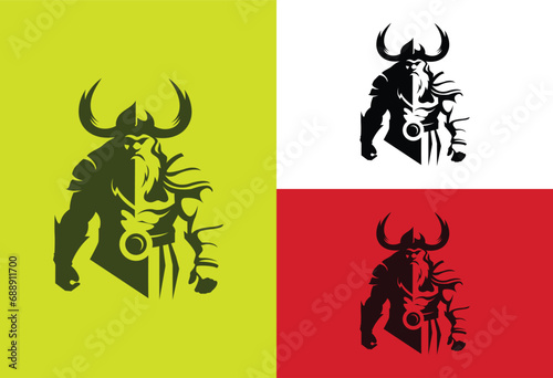 Vikings logo design. Nordic warrior symbol. Horned Norseman emblem. Barbarian man head icon with horn helmet and beard