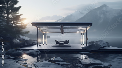 Modern designer pavilion at the lakeshore. Recreation area, comfortable veranda with armchairs and table in a beautiful remote area near mountains. Contemporary architecture. photo