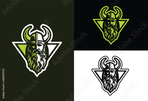 Vikings logo design. Nordic warrior symbol. Horned Norseman emblem. Barbarian man head icon with horn helmet and beard