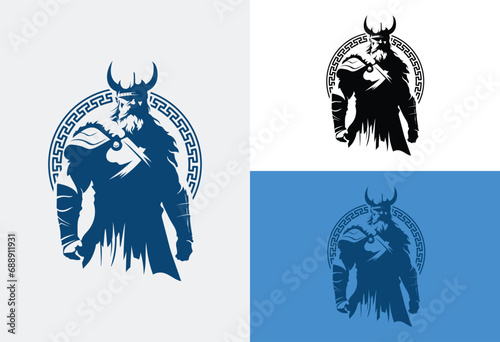 Vikings logo design. Nordic warrior symbol. Horned Norseman emblem. Barbarian man head icon with horn helmet and beard photo