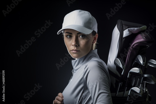 
Beautiful lady golfer wearing white sportswear with her golf clubs portrait
