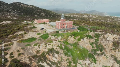 Faro di Capo Spartivento, Sardinia: wonderful aerial view travelling out to the fantastic Lighthouse of the island of Sardinia.