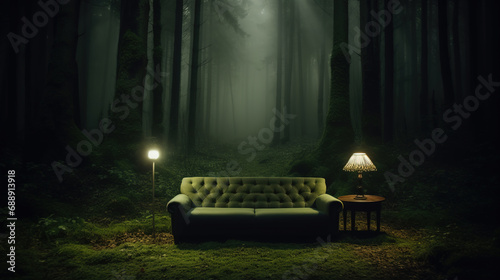 Fototapeta Naklejka Na Ścianę i Meble -  Old green sofa and lamps in the middle of a dark misty forest. Eerie trees in twilight, mysterious atmosphere. Furniture placed outdoors.