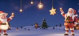 Santa Claus Opening Christmas Present With Golden Stars In Night.

