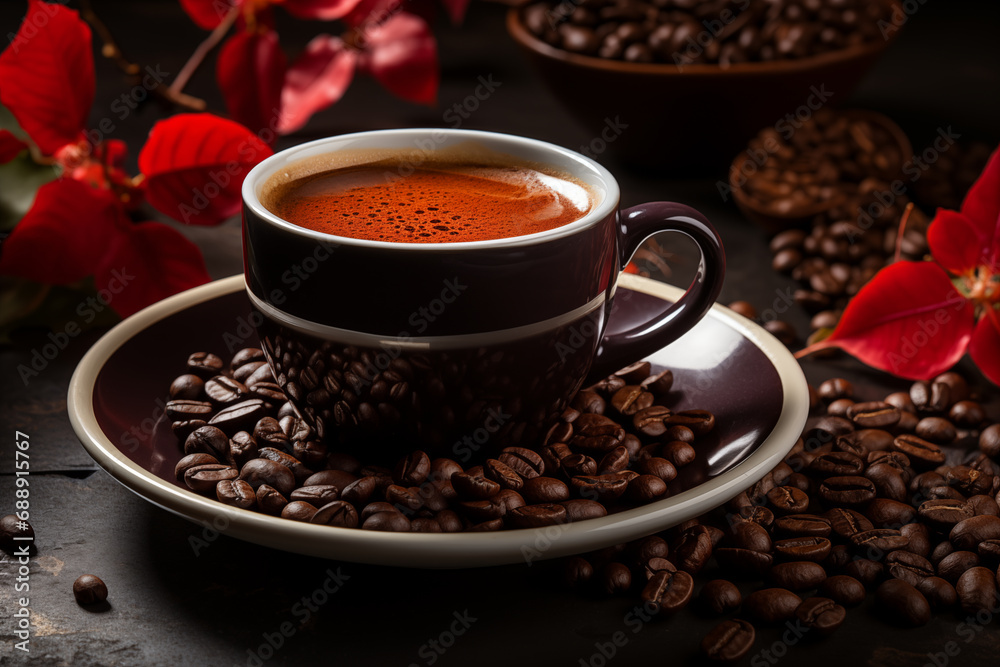 Fototapeta premium Coffee in a cup and coffee beans