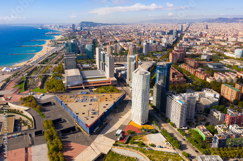 Aerial view of new residential complex of Diagonal Mar i el Front Maritim del Poblenou on sunny fall day, Barcelona, Spain © JackF