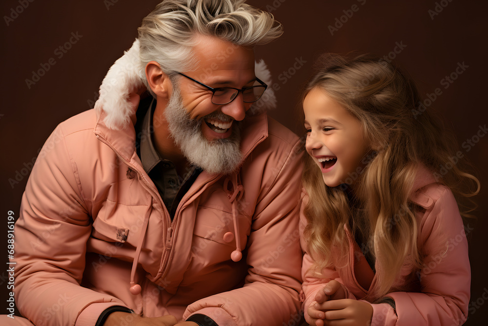 An old man wearing santa claus uniform, playing with a boy and a girl wearing brown color clothes, pink background, friendly grandfather An old man wearing santa claus uniform, playing with a boy and a girl wearing brown color clothes, pink background, friendly grandfather