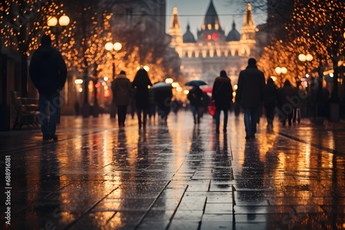 City street decorated for Christmas time. People walking in street, preparing for holidays