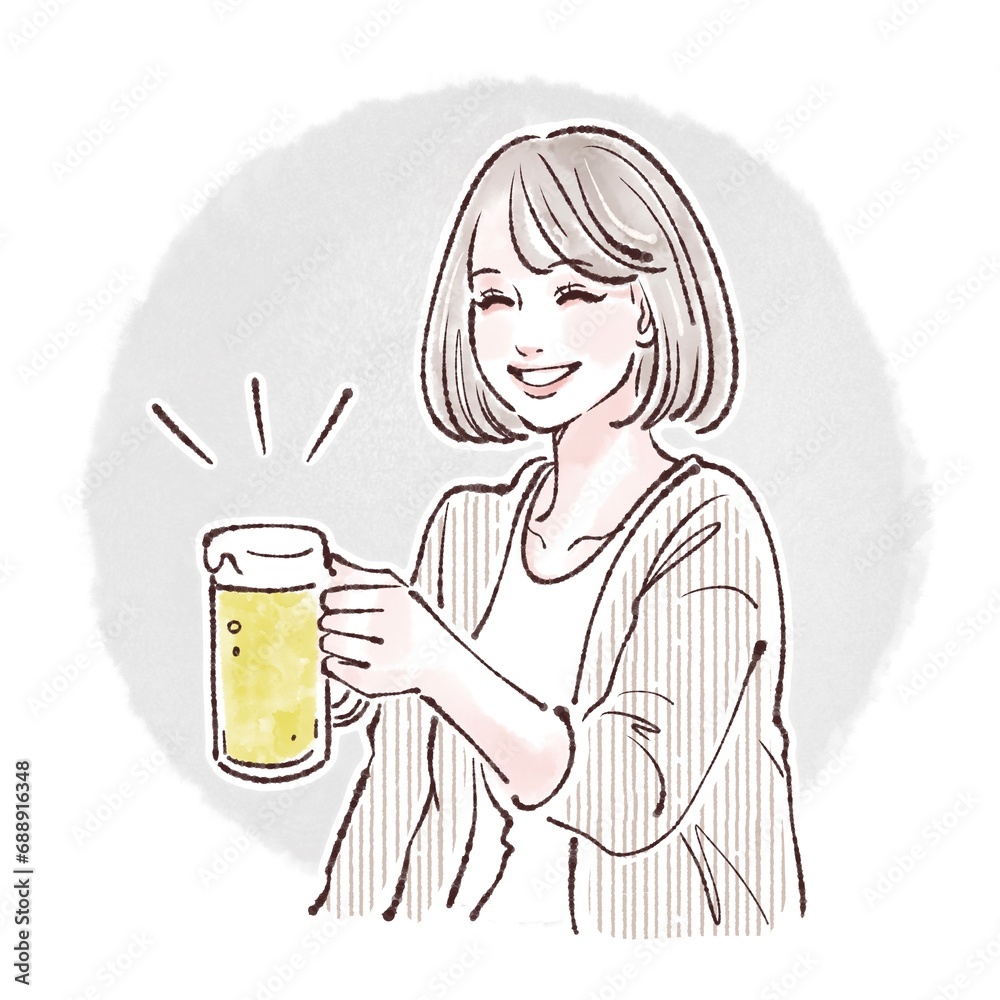 お酒/ビール/乾杯/飲み会/アルコール/飲酒/忘年会/新年会/歓迎会/お祝い/居酒屋/ジョッキ/ビールジョッキ/お疲れ会/退職祝い/誕生日会/クリスマス会/成人/生ビール/ビアガーデン/会社員/打ち上げ/二日酔い/アル中/飲み過ぎ/酒飲み/酔っ払い/接待/祝賀会/同窓会/ビールを持った女性のイラスト素材