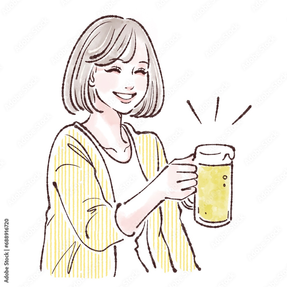 お酒/ビール/乾杯/飲み会/アルコール/飲酒/忘年会/新年会/歓迎会/お祝い/居酒屋/ジョッキ/ビールジョッキ/お疲れ会/退職祝い/誕生日会/クリスマス会/成人/生ビール/ビアガーデン/会社員/打ち上げ/二日酔い/アル中/飲み過ぎ/酒飲み/酔っ払い/接待/祝賀会/同窓会/ビールを持った女性のイラスト素材