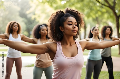 Group of multiethnic women stretching arms outdoors. Yoga class doing breathing exercises at the park. Beautiful fit women doing breath exercises together with outstretched arms, AI-generated image © Zain_Ul_Abidin