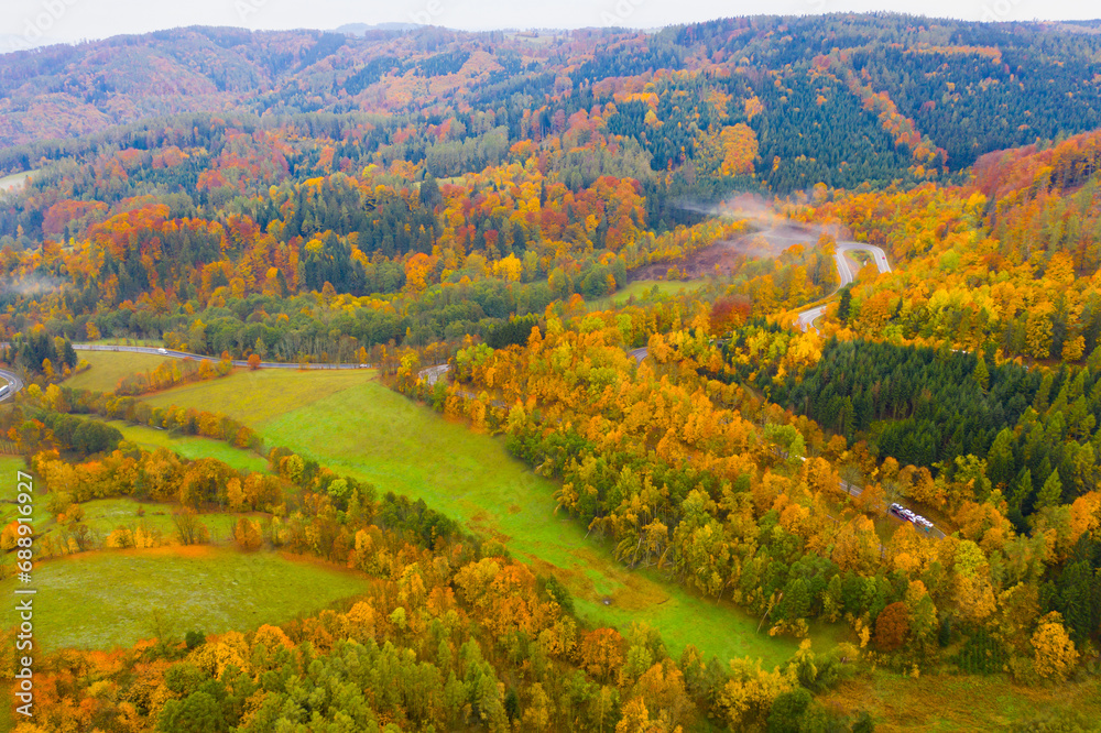 Aerial view of the autumn forest and road between the hills. Czech Republic