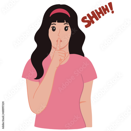 A portrait women making secret quiet signs gesture finger on her lips illustration