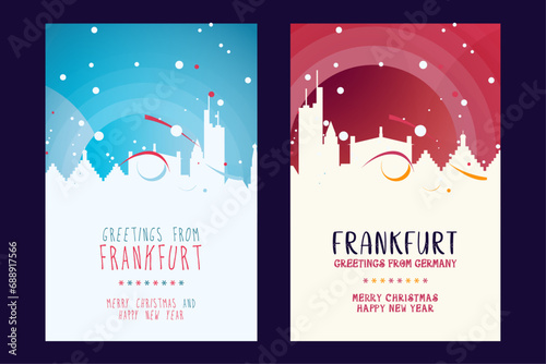 Frankfurt city poster with Christmas skyline, cityscape, landmarks. Winter Germany town holiday, New Year vertical vector layout for brochure, website, flyer, leaflet, card